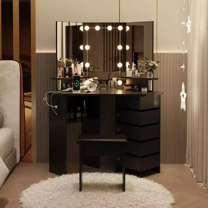 Acekool Corner Vanity Desk with Mirror, 5 Rotating Drawers, Shelves and Stool, Space-Saving Makeup Dressing Table