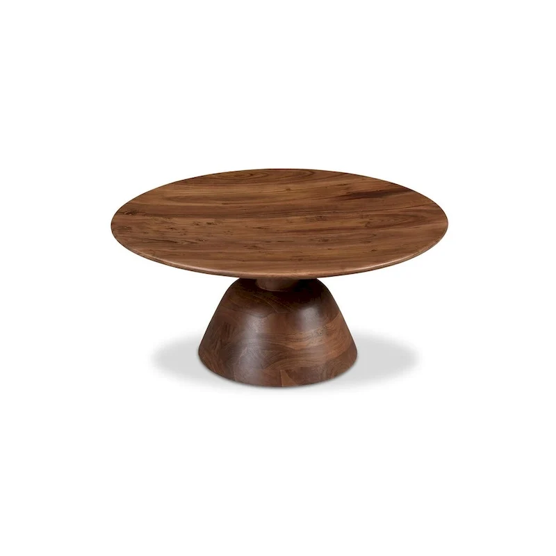 Black / Natural, Modern Round Pedestal Coffee Table for 1 – Solid Wood, 30W x 30D x 14H