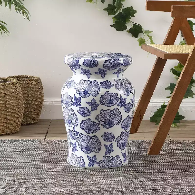 JONATHAN Y Poppies 17.7 Ceramic Garden Stool/Accent Table, White/Blue