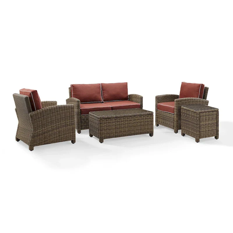 Crosley Bradenton 5-piece Outdoor Wicker Conversation Set with Sangria Cushions - 131.5 W x 93.75 D x 32.5 H