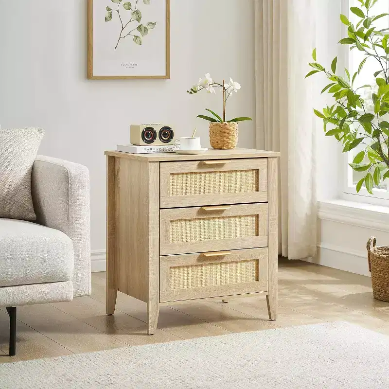 Rattan Nightstand 21.7L x 15.7W x 25H Oak Finish with 3 Natural Rattan Drawers, Solid Wood Legs, Boho Bedside Table for Bedroom & Living Room