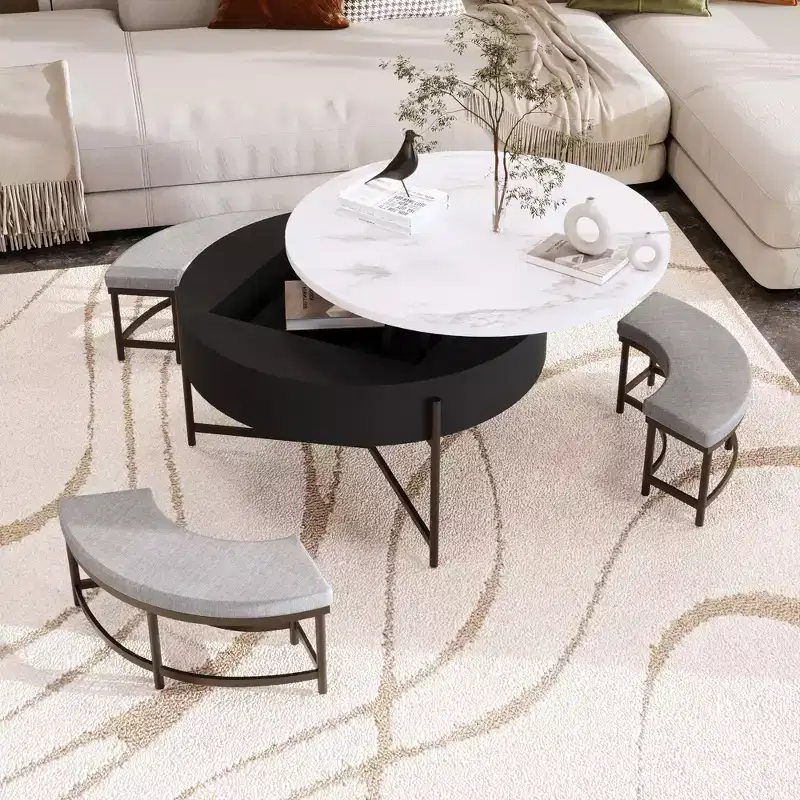 Modern Round Lift-Top Coffee Table with Storage and 3 Ottoman, White+Black-ModernLuxe