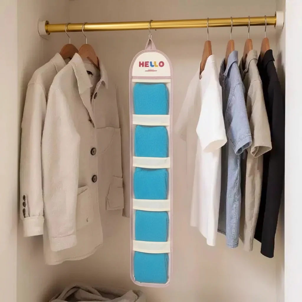 Hanging Wall Storage Organizer with multiple Mesh Pockets and HELLO Print Design
