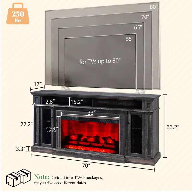 Farmhouse Heavy Fireplace TV Stand with 33 Electric Fireplace, for 80 TVs up