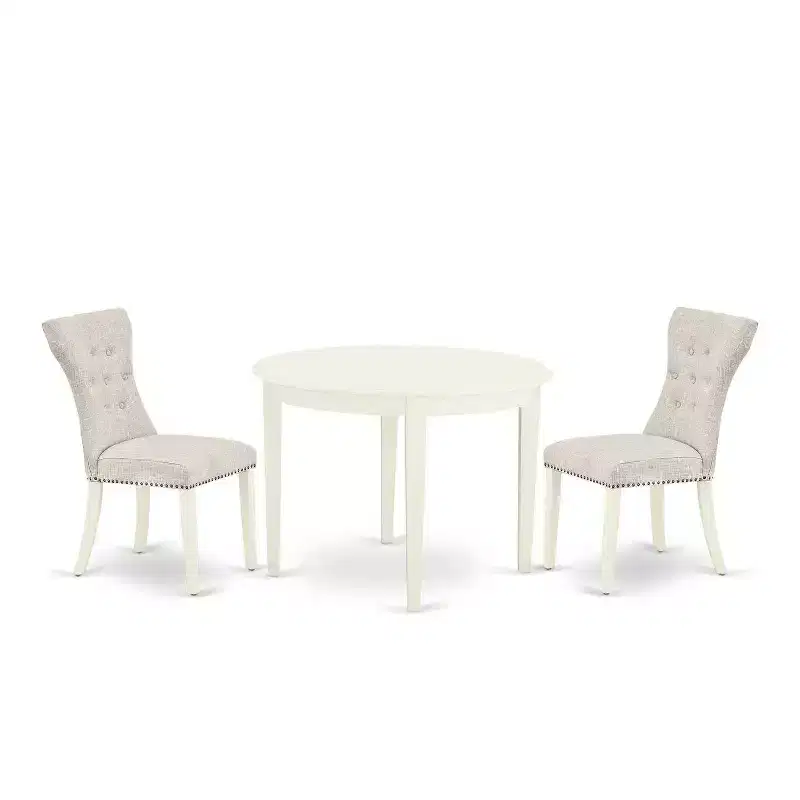 Round Dinette Set - 3 Piece Kitchen Table & Chairs - Linen White Finish - Modern Parson Design