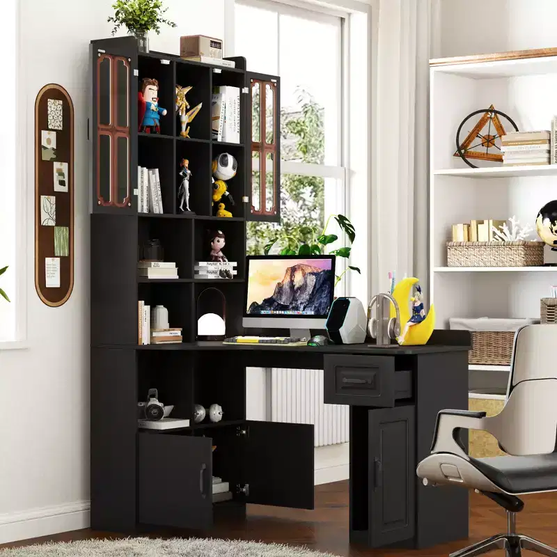 2-in-1 L-Shaped Corner Computer Desk with Drawers, Bookshelf & Hutch, 76.8x55.1x31.5 in