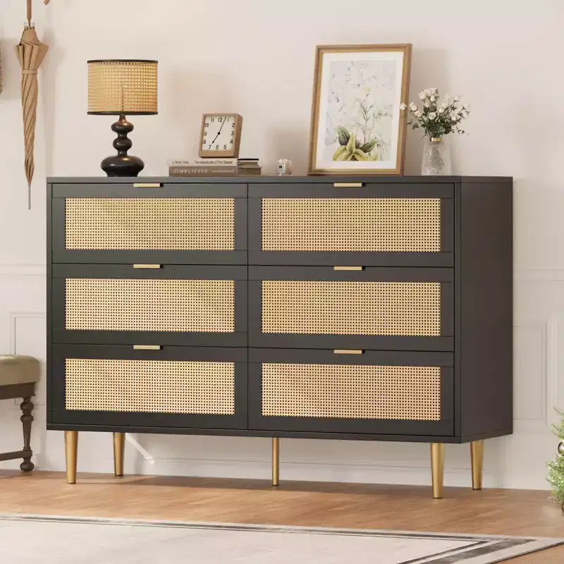 Acekool Rattan 6 Drawer Dresser, Modern Chest with Gold Legs & Handles, Wide Double Dresser, Anti-Tip, for Bedroom & Living Room