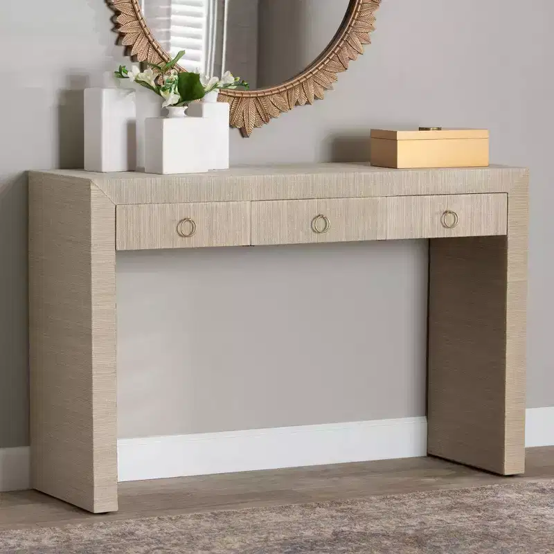 bali & pari Cielo Woven Grasscloth 3 Drawer Console Table Natural/Gold