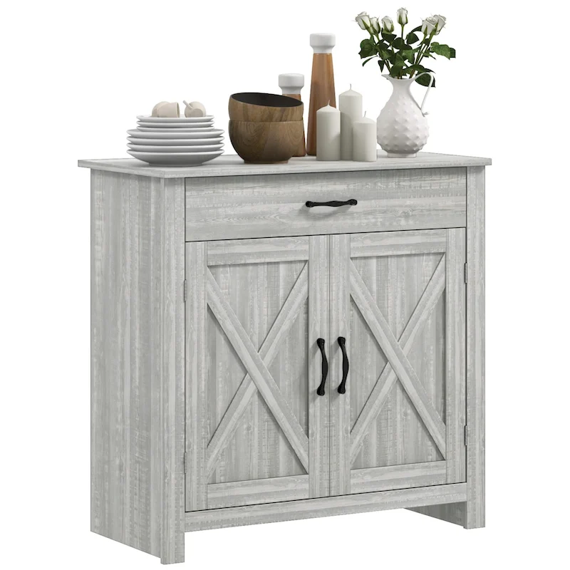 Farmhouse Sideboard Buffet Cabinet, Barn Door Coffee Bar Cabinet with Drawer and Adjustable Shelf