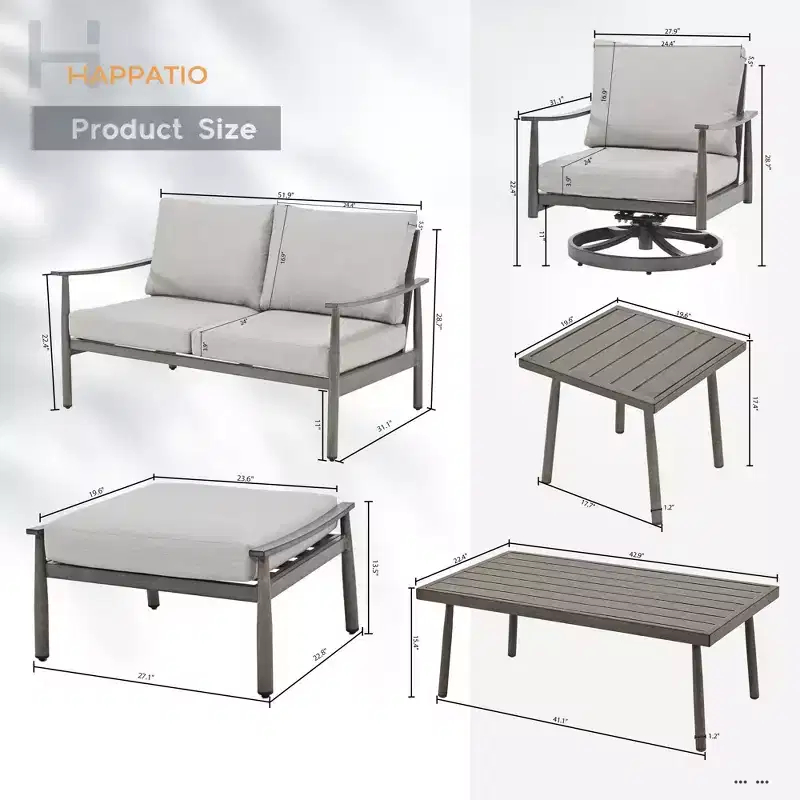 HAPPATIO 7 Pieces Aluminum Outdoor Conversation Set Includes 1 Loveseat, Side Table, Coffee Table, 2 Swivel Chairs and Ottomans
