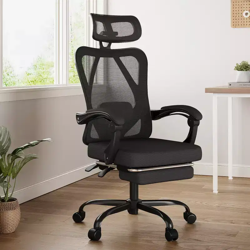 Ergonomic Mesh Office Chair - With Headrest, Lumbar Support & Footrest for Home Office & Study (Black)