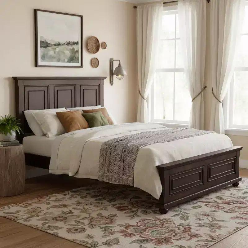 Traditional Town and Country Style Pinewood Queen Bed with Decorative Fretwork and Grooved Panels