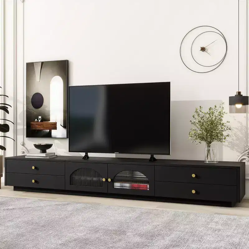 TV Stand for 95 TV, Extra Long Media Console with 2 Doors & 4 Drawers, Large TV Storage Cabinet Entertainment Center with Fluted Glass Doors