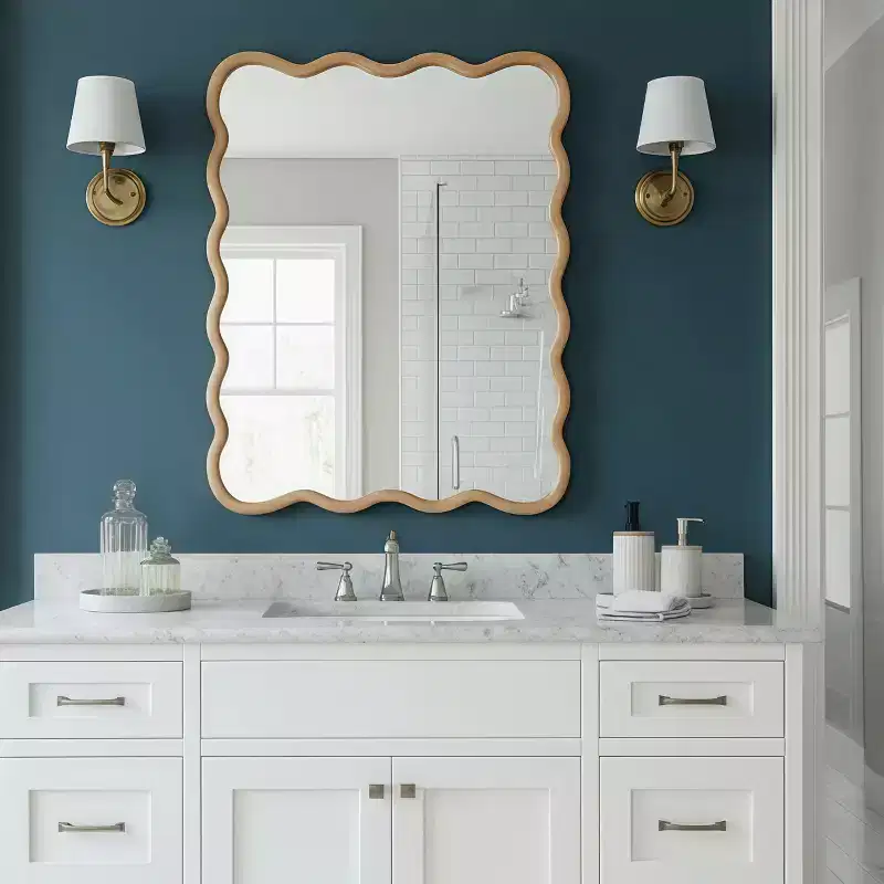 PexFix 30 x 40 Wavy Rectangle Solid Wood Frame Decorative Mirror Modern Farmhouse Wall Mirror For Bedroom Bathroom Living Room Entryway Natural Wood