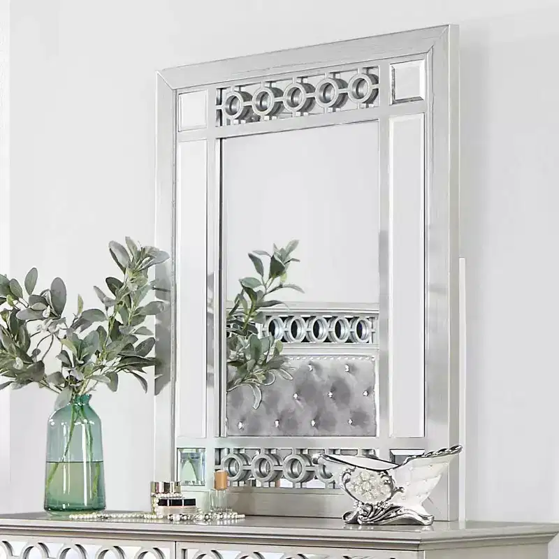 Rectangle Dresser Mirror, Silver Finish, Beveled Glass & Geometric Trim, 31