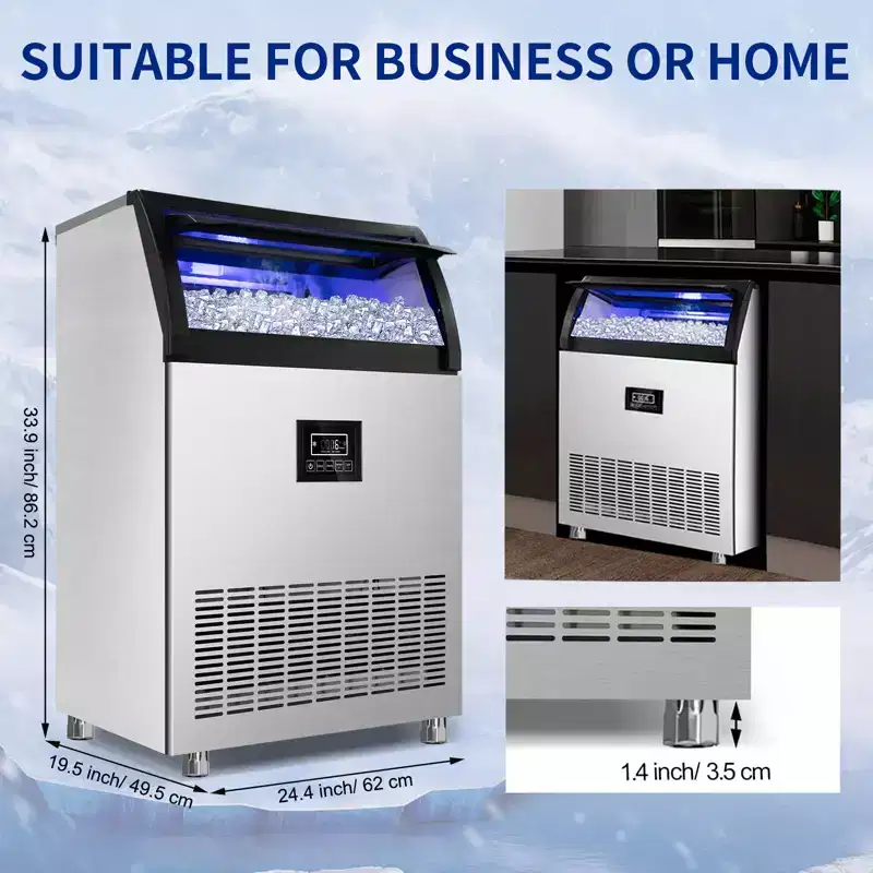 Denjol Commercial 90-Cube Ice Maker with LCD Display - 250 lbs/24H, Energy Efficient, Stainless Steel Construction