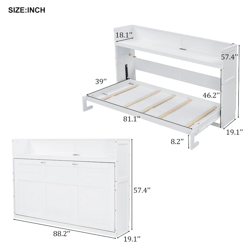 Twin XL Size Murphy Bed with Desk & LED Light, Solid Wood Bed Frame with USB Charging Station, for Small Spaces and Home Offices