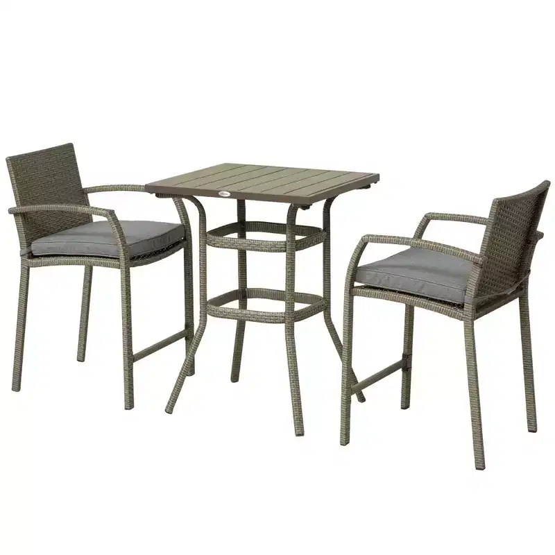3 PCS Rattan Wicker Bar Set with Wood Grain Top Table and 2 Bar Stools for Outdoor, Patio, Poolside, Garden