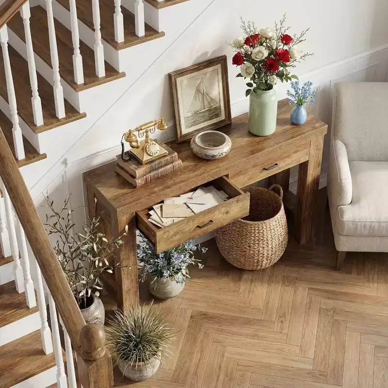 MAYEERTY 63-Inch Farmhouse Console Table, Entryway Table with H-Shaped Legs and 2 Drawers