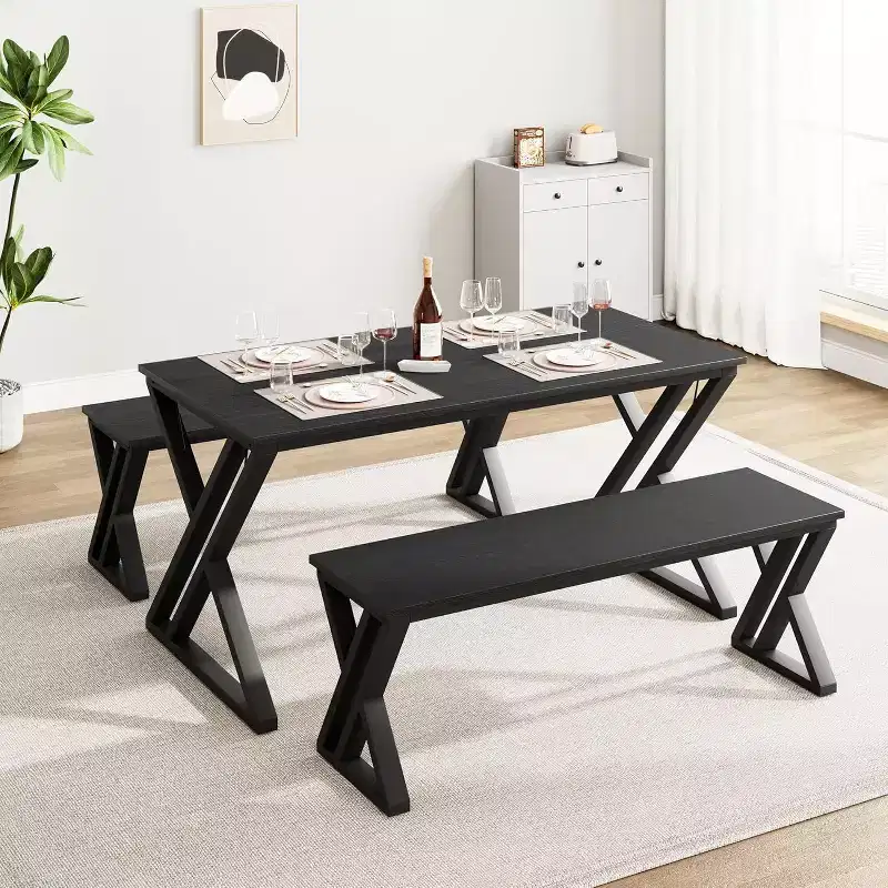 Rectangular Kitchen Table Set with Sturdy Metal Frame, Dining Table with Benches for 4, Space-Saving Design for Kitchen, Dining Room, and Apartment