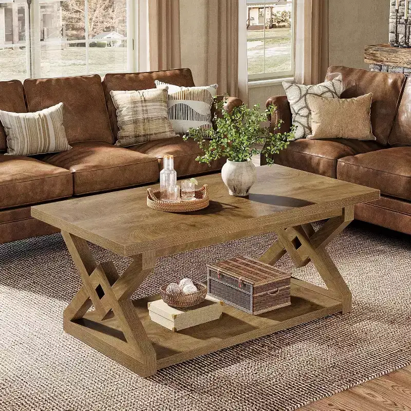 2-Tier Coffee Center Table for Living Room, 47.24-Inch Farmhouse Tea Cocktail Table, Easy Assembly