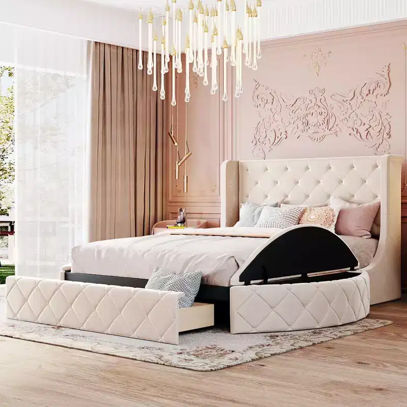 Upholstered Platform Bed Queen Size Storage Velvet Bed with Wingback Headboard and 1 Big Drawer 2 Side Storage Stool(Blue)