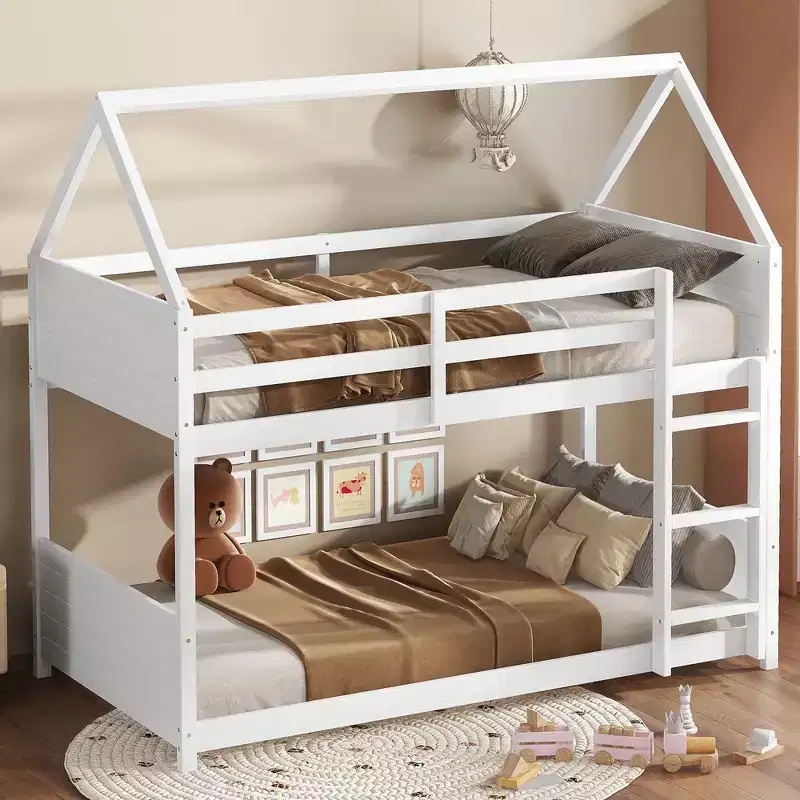Twin House Floor Bunk Bed with Headboards, Footboards and Guardrails Gray