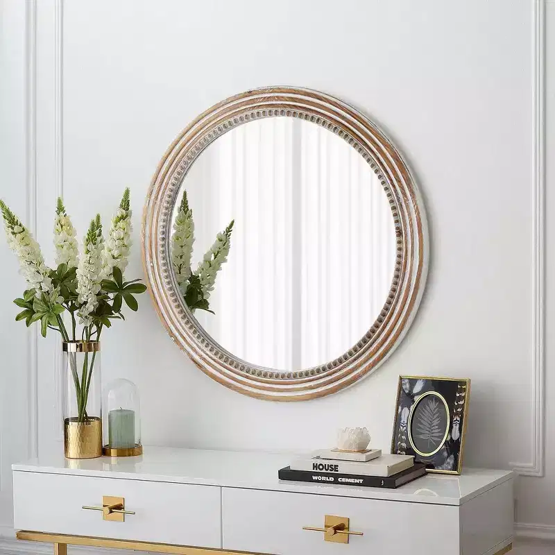 Farmhouse Round Decorative Wall Mirror with Beaded Rustic Wood Frame, 24