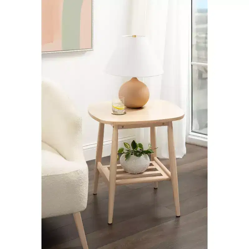 Two-Tier Wood Side Table, Natural Finish Accent End Table for Living Room or Bedroom