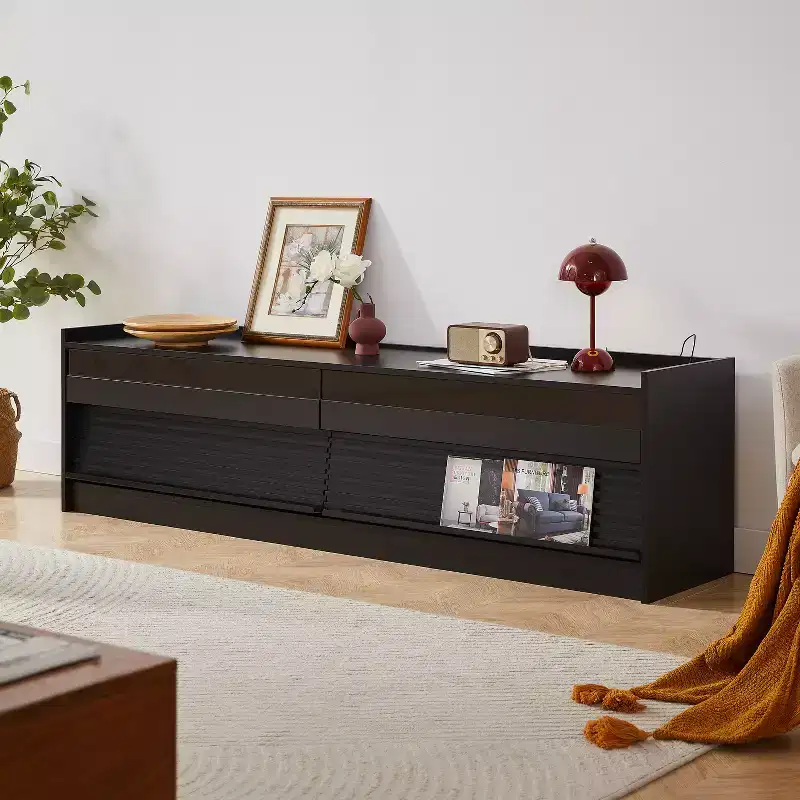 Modern TV Stand Media Console with 4 Drawers, Charging Ports and Ambient LED Lighting, Natural/Walnut/Black