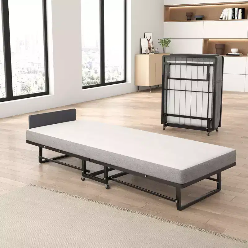 Folding Bed with Mattress, Portable Guest Beds with 4 Wheels, 4 Foam Mattress & Metal Frame, Space Saving Cot Size Rollaway Bed