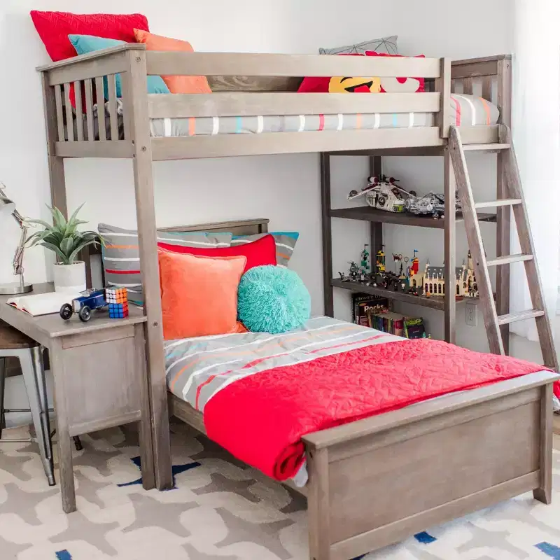 L-Shaped Twin over Twin Bunk Bed with Bookcase and Desk