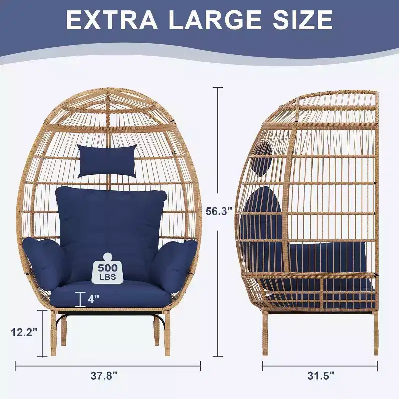 GustoWave Wicker Egg Chair,Oversized Indoor Outdoor Lounger for Patio for Backyard, Living Room, w/5 Cushions, Steel Frame