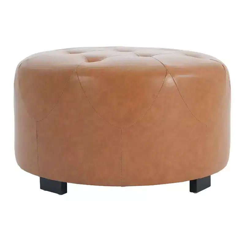 Round Button Tufted Ottoman, PU/Linen Upholstered Footstool with Birch Wood Legs