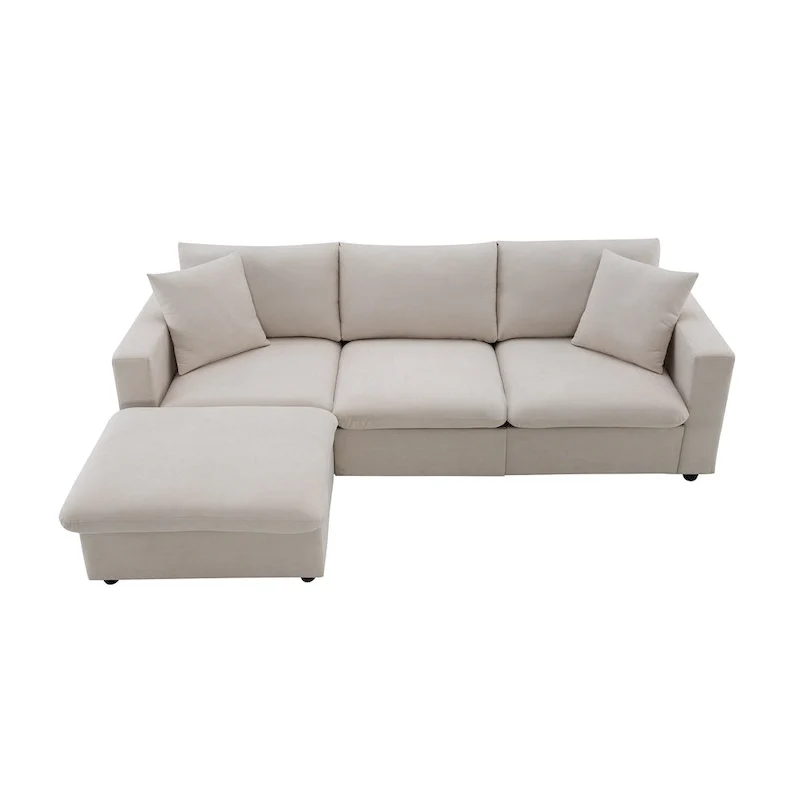 L-shaped Polyester Fabric Couch Set with 2 Free Pillows and Convertible Ottoman