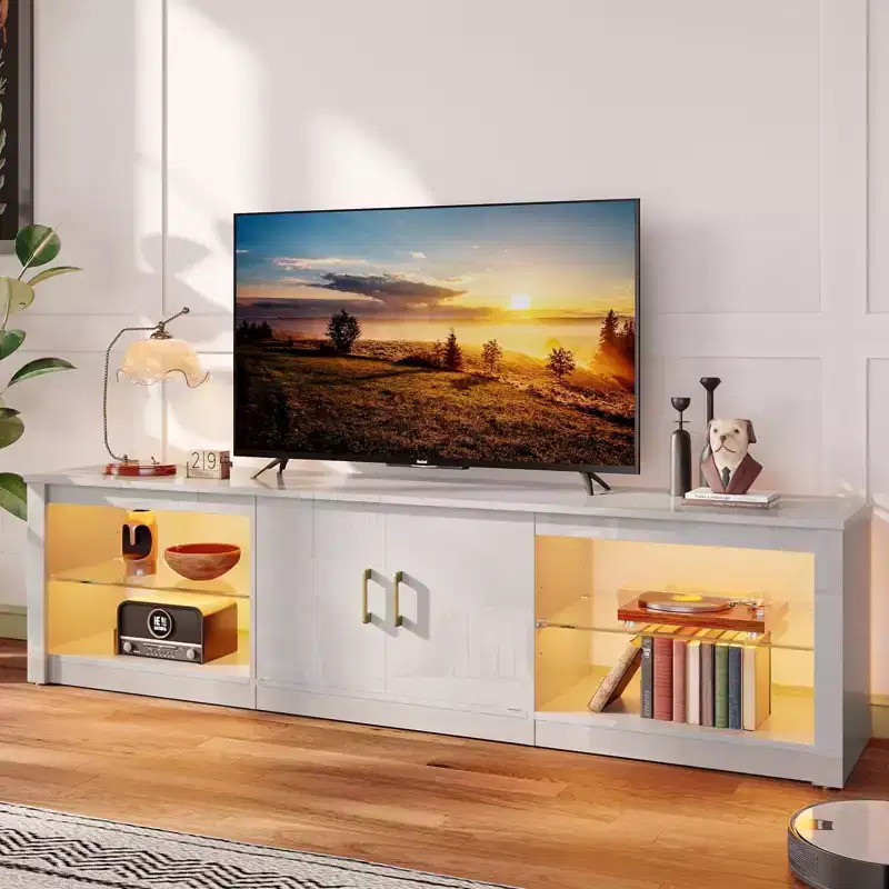 Bestier 70 LED TV Stand for TVs up to 75, Entertainment Center Media Console with Adjustable Tempered Glass Shelves & Closed Storage for Living Room
