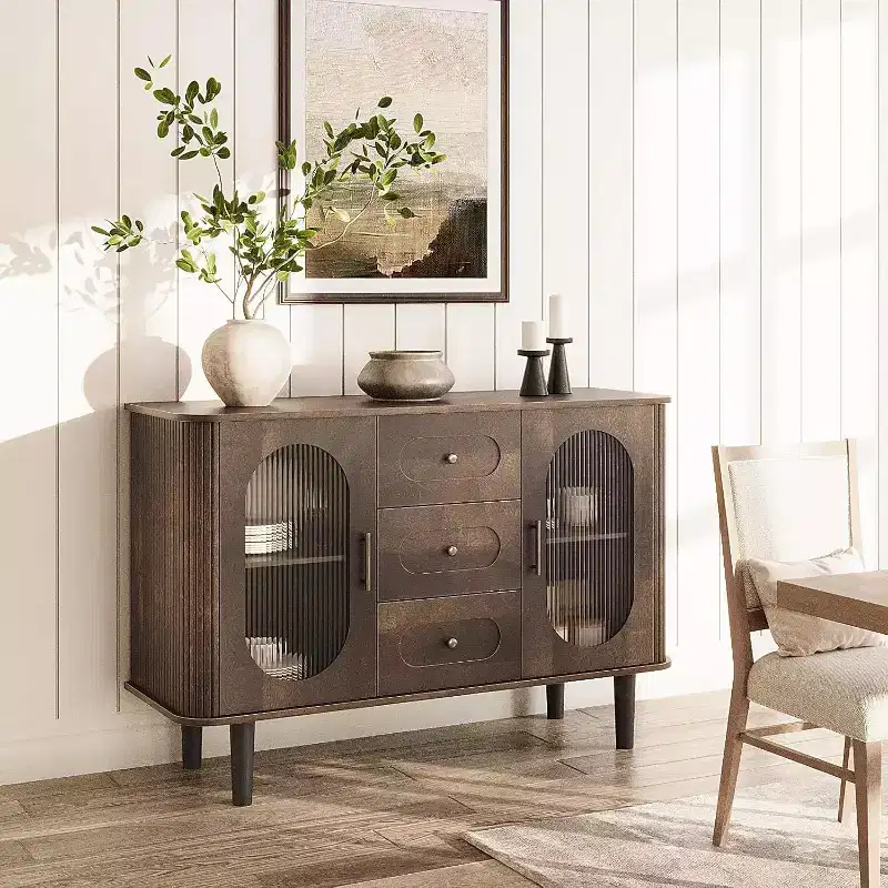 47-Inch Sideboard Buffet Cabinet with Fluted Glass Doors and Three Drawers, Adjustable Shelves, Modern Mid-Century Credenza, Storage Solution