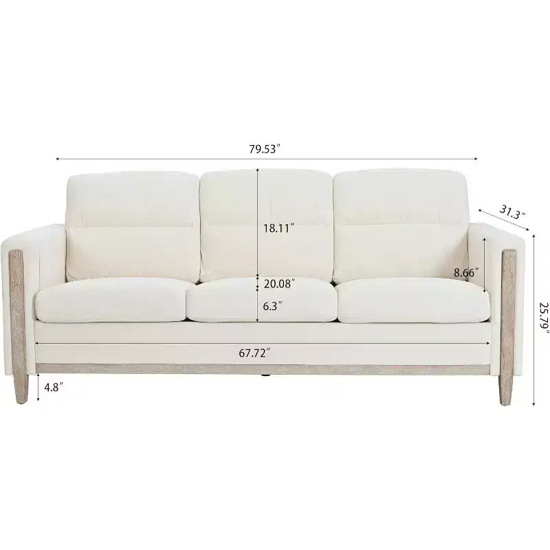 Acekool 79.5 Modern 3-Seater Sofa, Cushioned Couch with Armrests & Side Pocket, Wood Legs for Living Room, Home Office, Apartment, Beige
