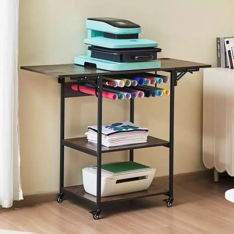 VEVOR Heat Press Table, 3 Tier Movable Heat Press Stand, Foldable Heat Transfer Machine Stand with Wheels and Vinyl Roll Holder, Black&Brown
