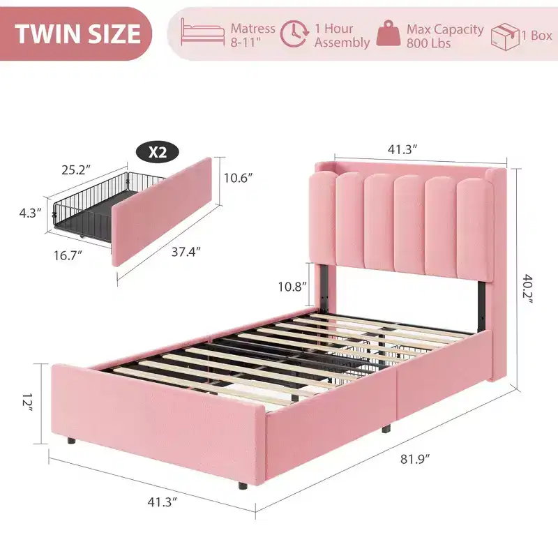 Pink / Purple / White Boucle Upholstered Kids Platform Bed with Wavy Headboard, Bookcase & 2 Drawers – Twin / Full / Twin XL, 1 Person