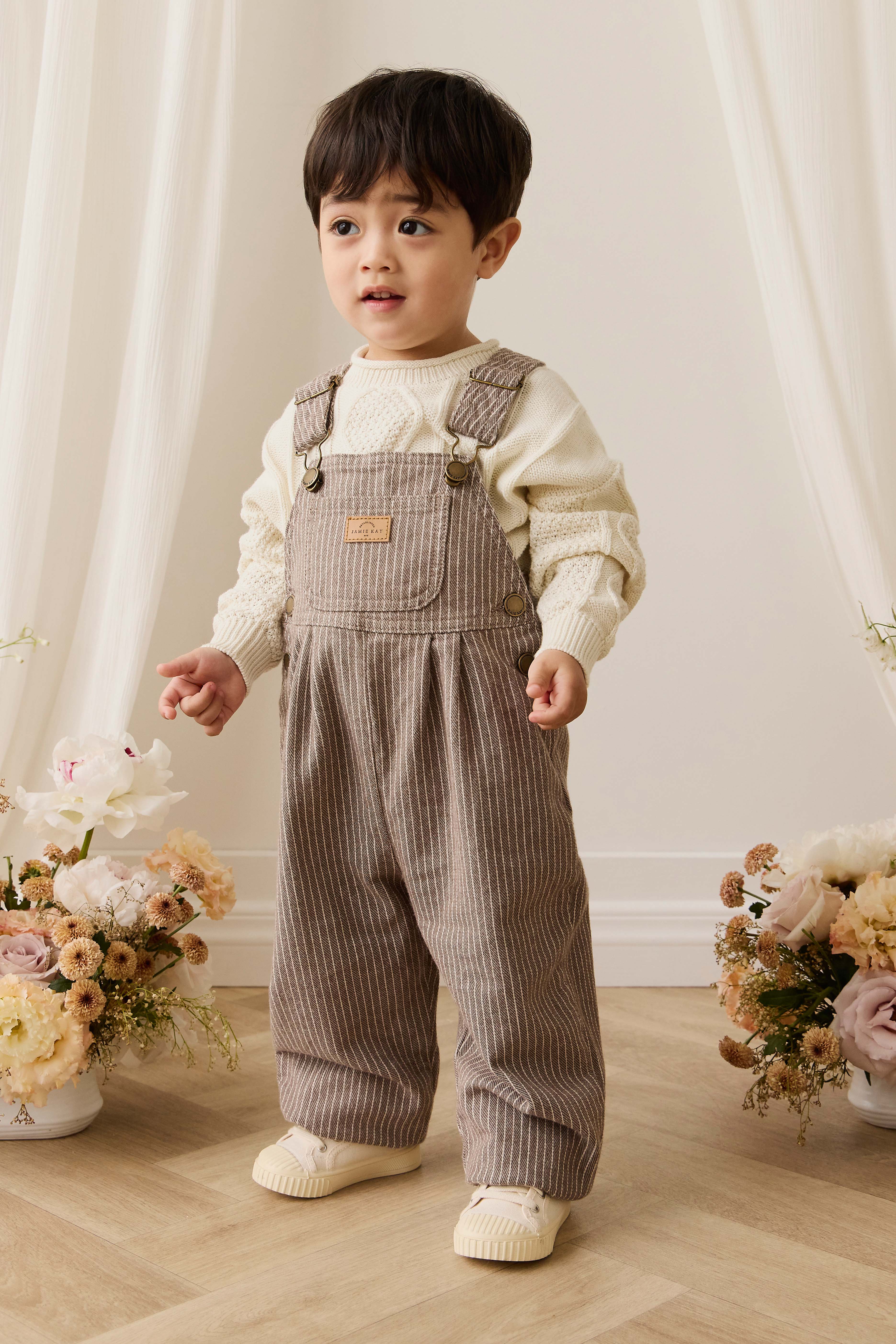 Vintage Cassava Brown Pinstripe Cotton-Elastane Overall with Adjustable Straps & Bib Pocket for Kids 6M–6Y
