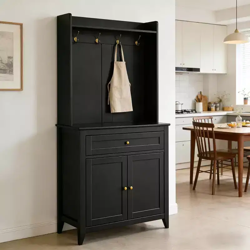 63'' Pantry Cabinet with 4 Hooks, 1 Large Drawer, Adjustable Shelves for Living Room, Dining Room