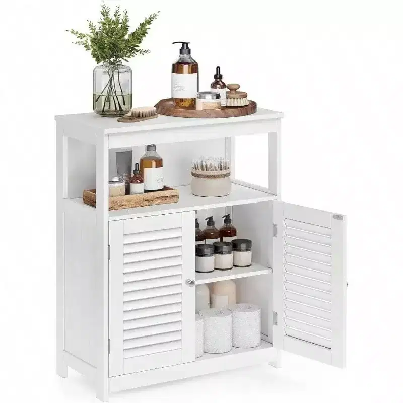 Floor Storage Cabinet, Freestanding with Double Shutter Doors, Adjustable Shelf, White for Living Room Entryway Kitchen