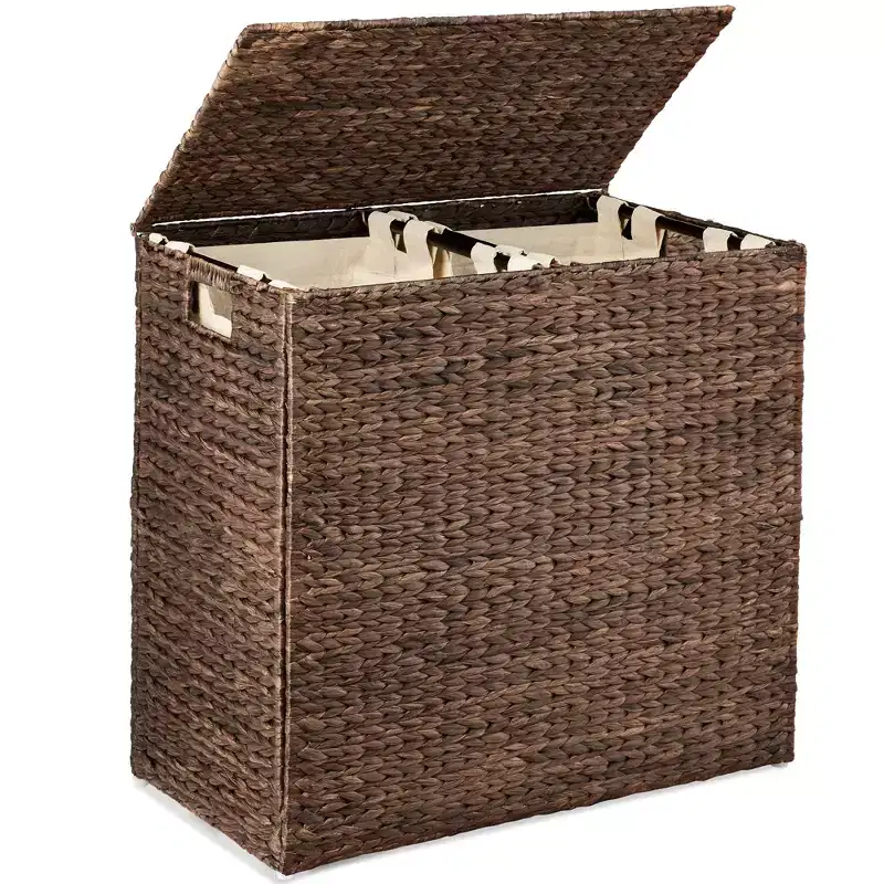 Large Natural Water Hyacinth Double Laundry Hamper with 2 Liner Bags