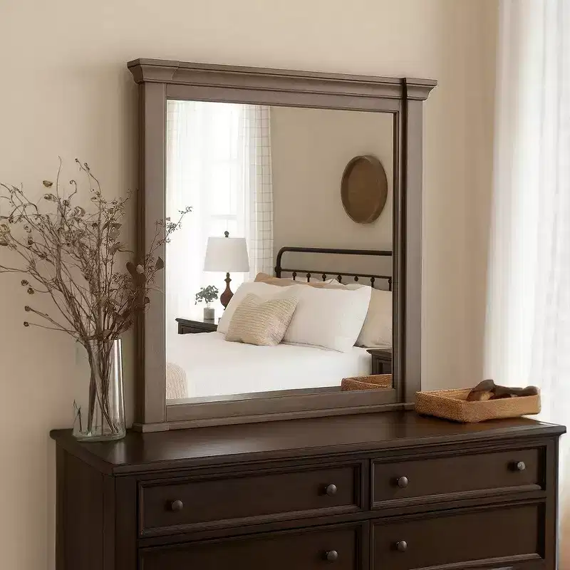 Dresser Mirror, Beveled Glass, Dark Walnut Brown Wood, 39x46