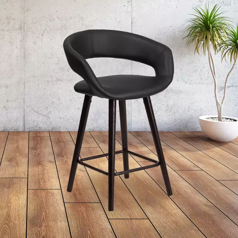 Flash Furniture Brynn Series 24'' High Contemporary Vinyl Rounded Back Counter Height Stool with Cappuccino Wood Frame