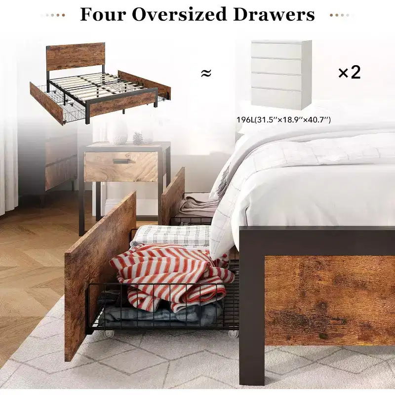 Full Size Bed Frame with 4 Storage, Strong Metal Support Platform Bed Frame with Vintage Wooden Headboard and Footboard, No Box Spring Needed