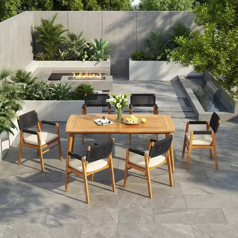 ModernLuxe Outdoor Dining Sets, Acacia Wood 7pcs Patio Conversation Chat Set with Rope-Woven Armchairs