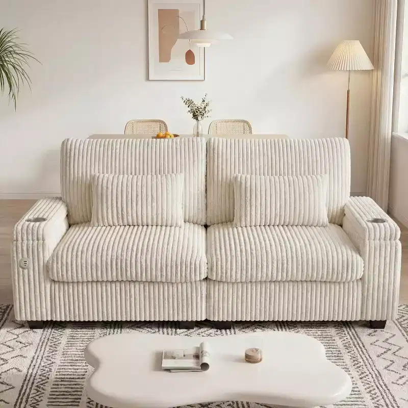 91-Inch Storage Sofa for Two – Plush Corduroy with USB Charging & Cup Holders