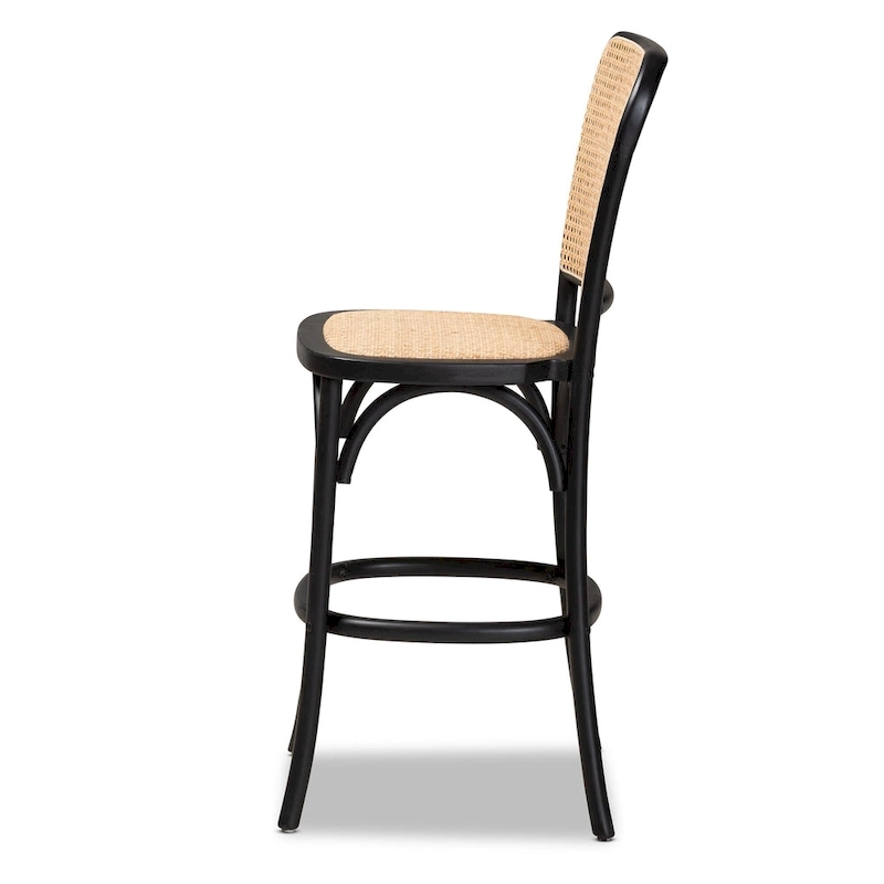 Vance Mid-Century Modern Woven Rattan and Wood Counter Stool